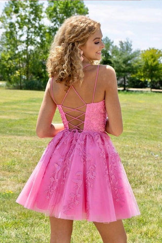 Träger Spitzenapplikation Blaues Homecoming-Kleid Kurzes Ballkleid PD424