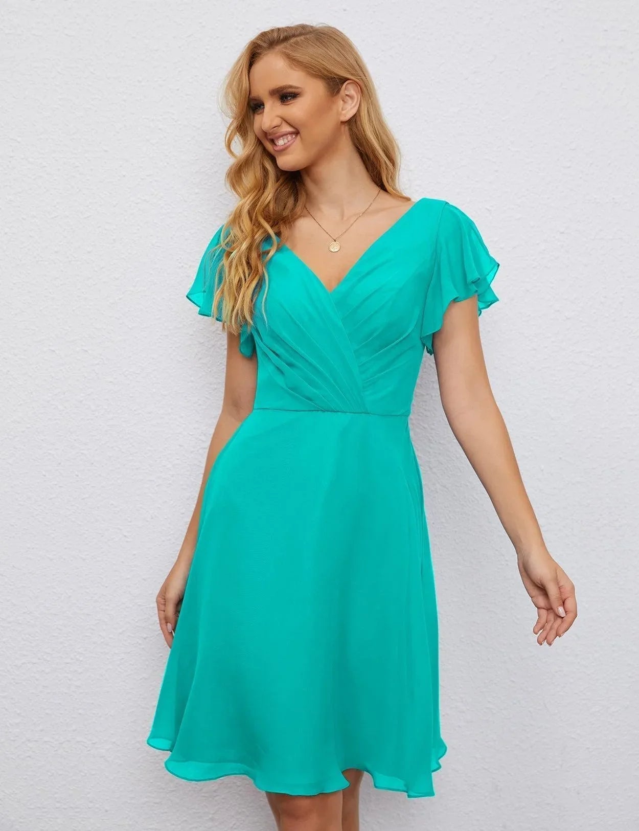 Vestido de Regreso a Casa con Espalda en U de Numbersea Vestido Formal para el Baile de Graduación Largo hasta la Rodilla Mangas Cortas Vestido para Fiesta de Cóctel 28077