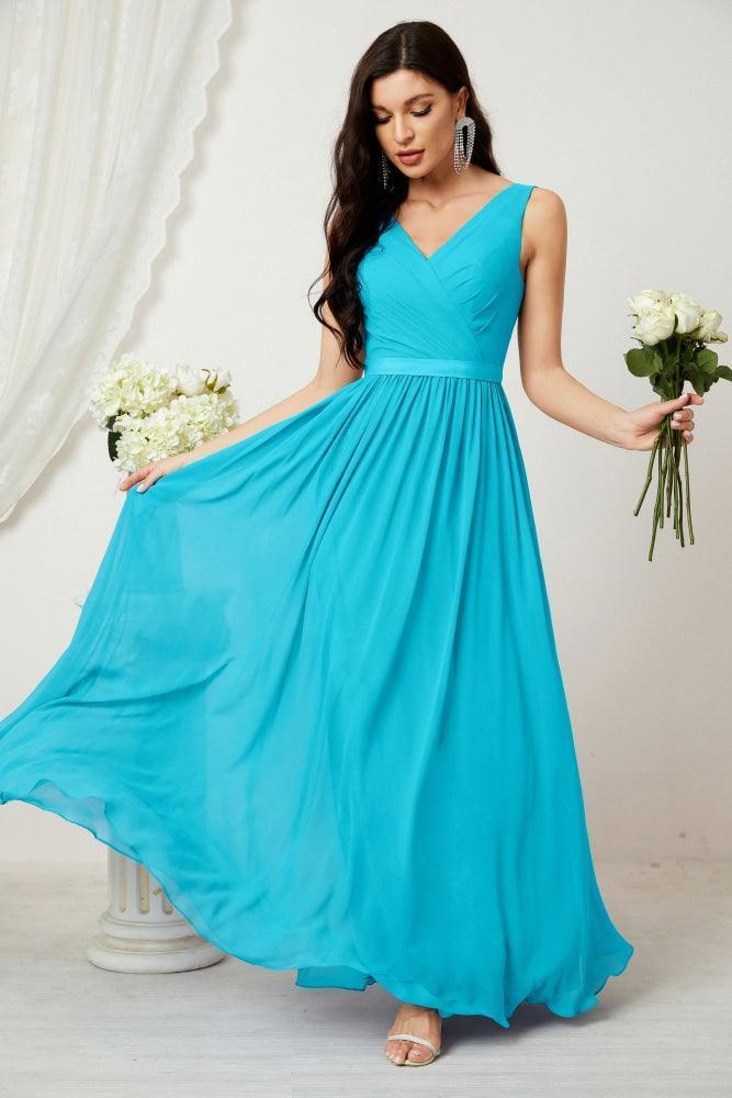 Vestido de dama de honor largo de gasa para mujer, línea A sin mangas, vestido formal de baile de graduación para fiesta nocturna, vestido de regreso a casa 2808