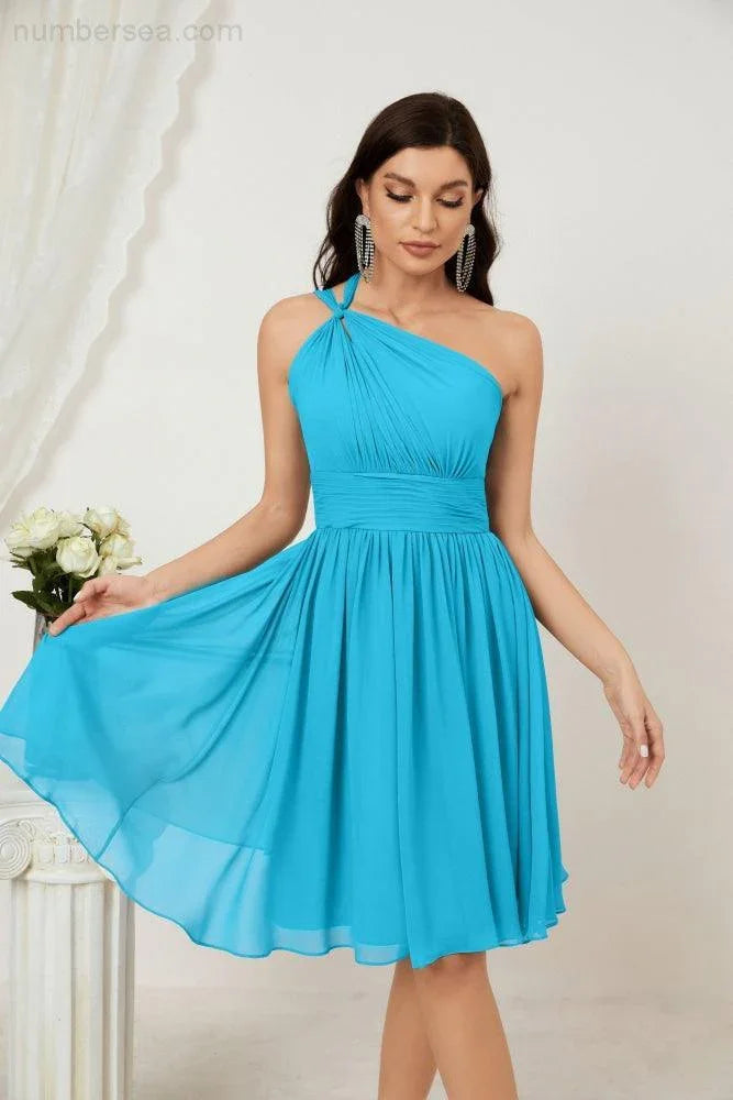 Vestido de dama de honor corto de chiffon de un hombro Numbersea para mujer Vestidos formales para fiesta y regreso a casa 2804