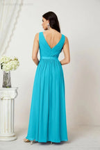 Abito da Sera Donna in Chiffon Lungo per Damigelle, Scollato, Senza Maniche, Linea A, per Feste Serali, Ballo di Fine Anno e Homecoming, Modello 2808