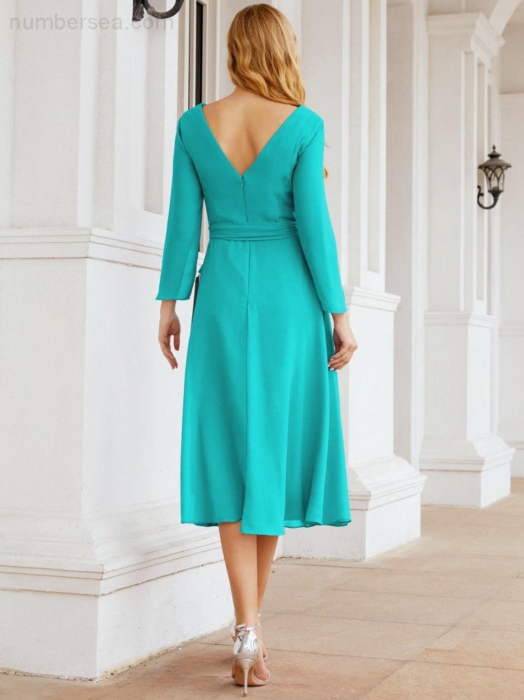 Vestido de madrinha com decote em V e cinto para mãe da noiva e convidada de casamento 28031 