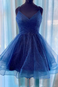 Vestidos de Baile de Gala Curtos em Azul Marinho com Decote em V e Corte em Linha A Brilhantes