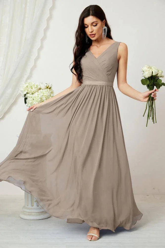 Vestido de dama de honor largo de gasa para mujer, línea A sin mangas, vestido formal de baile de graduación para fiesta nocturna, vestido de regreso a casa 2808