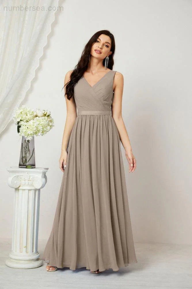 Abito da Sera Donna in Chiffon Lungo per Damigelle, Scollato, Senza Maniche, Linea A, per Feste Serali, Ballo di Fine Anno e Homecoming, Modello 2808