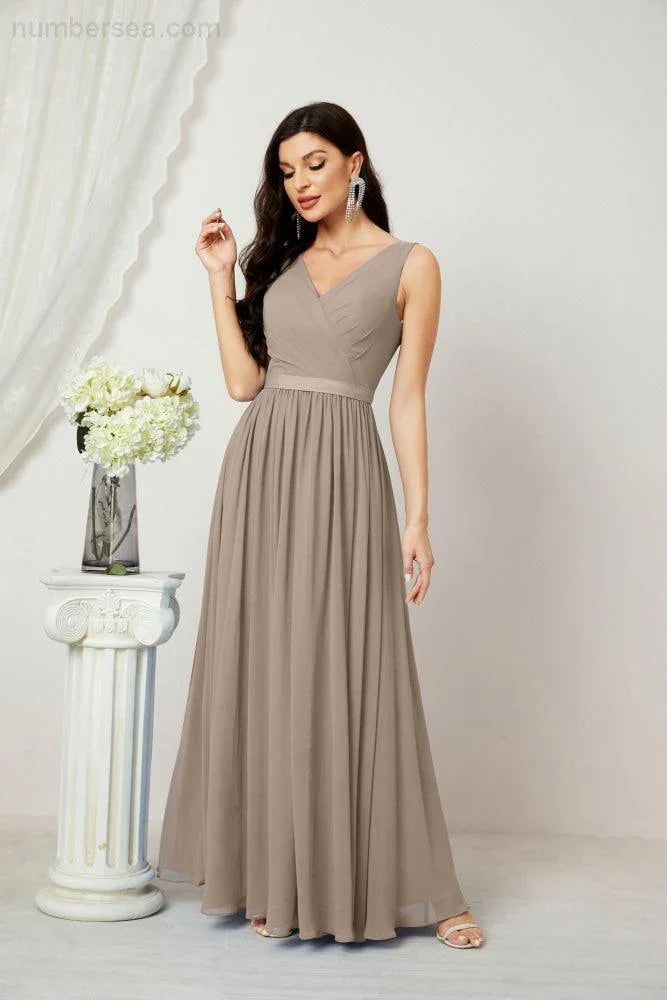 Abito da Sera Donna in Chiffon Lungo per Damigelle, Scollato, Senza Maniche, Linea A, per Feste Serali, Ballo di Fine Anno e Homecoming, Modello 2808