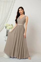 Abito da Sera Donna in Chiffon Lungo per Damigelle, Scollato, Senza Maniche, Linea A, per Feste Serali, Ballo di Fine Anno e Homecoming, Modello 2808