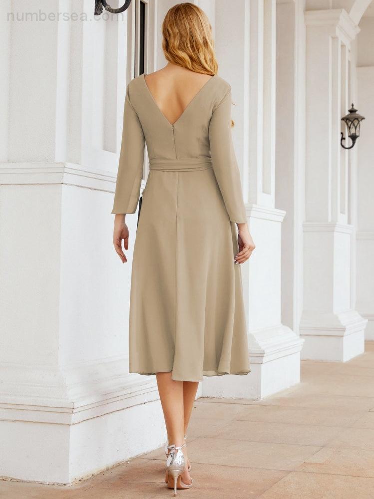 Vestido de madrinha com decote em V e cinto para mãe da noiva e convidada de casamento 28031 