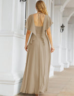 Numbersea Chiffon Bridesmaid Dresses Long Formal Evening Prom Mother of The Bride Dress with Flutter Sleeve     SEA28040