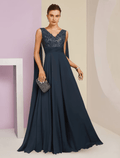 Etuikleid/Säulenkleid für die Brautmutter, formelle Party, elegant, V-Ausschnitt, bodenlang, Chiffon, Spitze, ärmellos, mit Falten, Pailletten