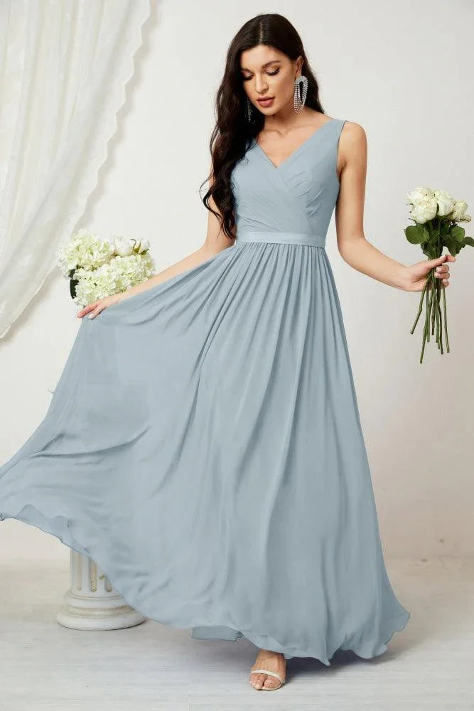 Vestido de dama de honor largo de gasa para mujer, línea A sin mangas, vestido formal de baile de graduación para fiesta nocturna, vestido de regreso a casa 2808