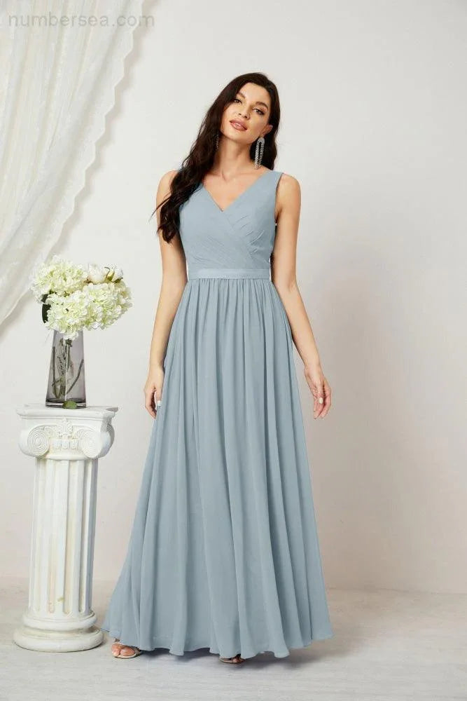 Abito da Sera Donna in Chiffon Lungo per Damigelle, Scollato, Senza Maniche, Linea A, per Feste Serali, Ballo di Fine Anno e Homecoming, Modello 2808