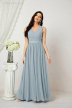 Abito da Sera Donna in Chiffon Lungo per Damigelle, Scollato, Senza Maniche, Linea A, per Feste Serali, Ballo di Fine Anno e Homecoming, Modello 2808