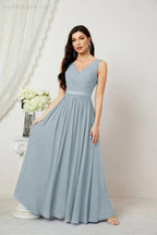 Abito da Sera Donna in Chiffon Lungo per Damigelle, Scollato, Senza Maniche, Linea A, per Feste Serali, Ballo di Fine Anno e Homecoming, Modello 2808