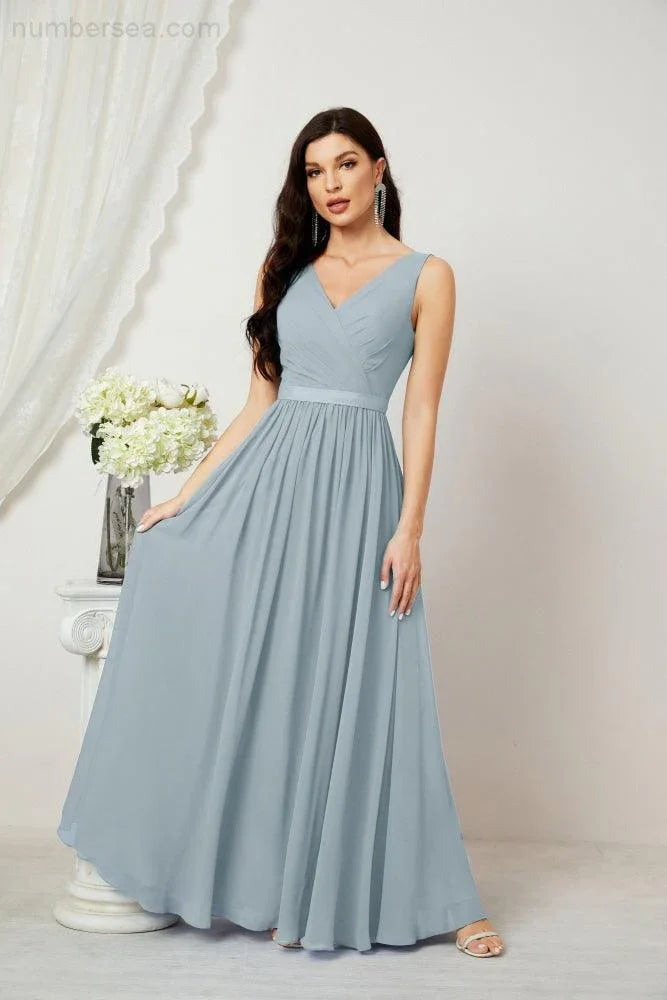 Abito da Sera Donna in Chiffon Lungo per Damigelle, Scollato, Senza Maniche, Linea A, per Feste Serali, Ballo di Fine Anno e Homecoming, Modello 2808