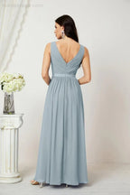 Abito da Sera Donna in Chiffon Lungo per Damigelle, Scollato, Senza Maniche, Linea A, per Feste Serali, Ballo di Fine Anno e Homecoming, Modello 2808