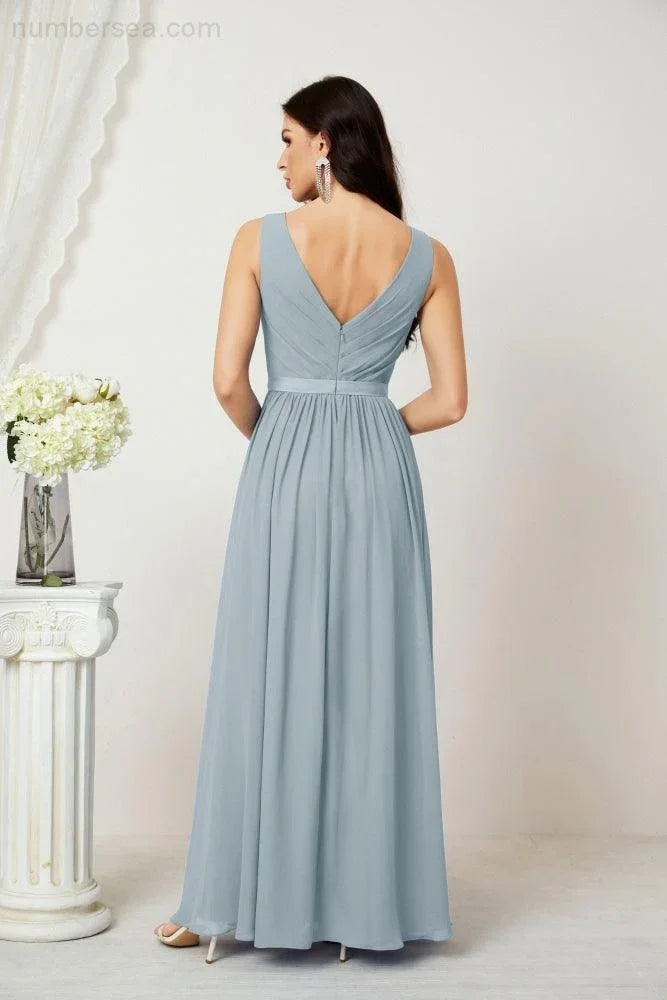 Abito da Sera Donna in Chiffon Lungo per Damigelle, Scollato, Senza Maniche, Linea A, per Feste Serali, Ballo di Fine Anno e Homecoming, Modello 2808