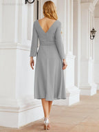 Vestido de madrinha com decote em V e cinto para mãe da noiva e convidada de casamento 28031 
