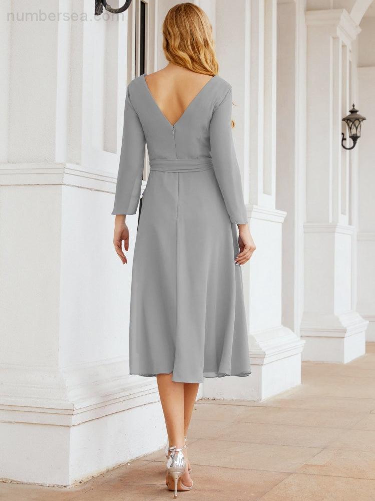 Vestido de madrinha com decote em V e cinto para mãe da noiva e convidada de casamento 28031 