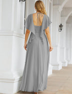 Numbersea Chiffon Bridesmaid Dresses Long Formal Evening Prom Mother of The Bride Dress with Flutter Sleeve     SEA28040
