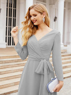 Vestido de madrinha com decote em V e cinto para mãe da noiva e convidada de casamento 28031 