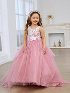 Princess Sleeveless Tulle Flower Girl Dress with Lace and Bow Pink (010224320)