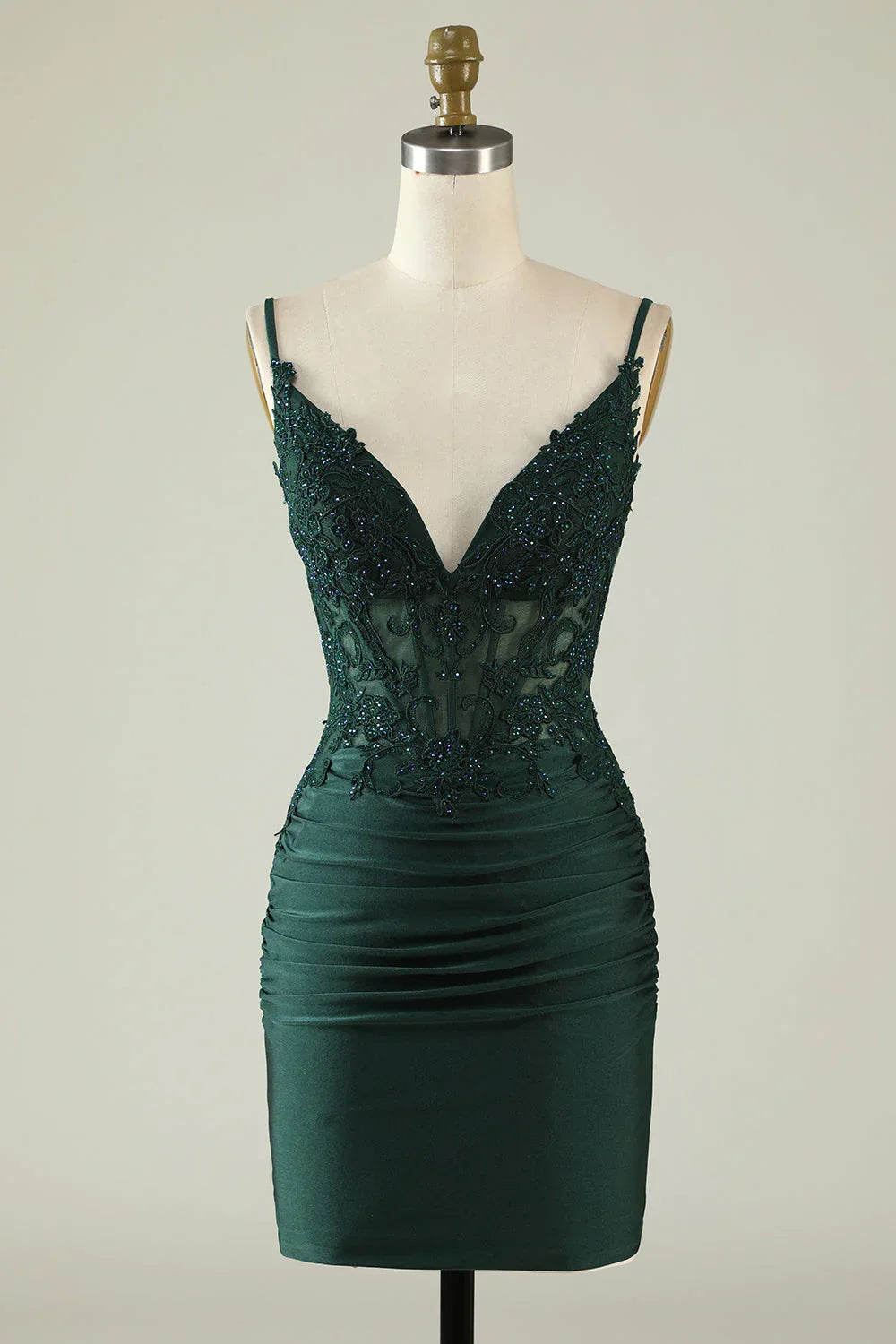 Vestido Justo de Decote em V Verde Escuro Prega para Baile de Finalistas com Aplicações Y2660
