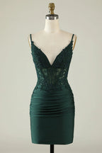 Vestido Justo de Decote em V Verde Escuro Prega para Baile de Finalistas com Aplicações Y2660