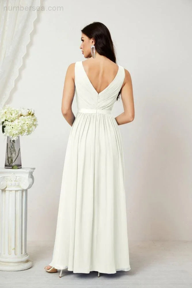 Abito da Sera Donna in Chiffon Lungo per Damigelle, Scollato, Senza Maniche, Linea A, per Feste Serali, Ballo di Fine Anno e Homecoming, Modello 2808
