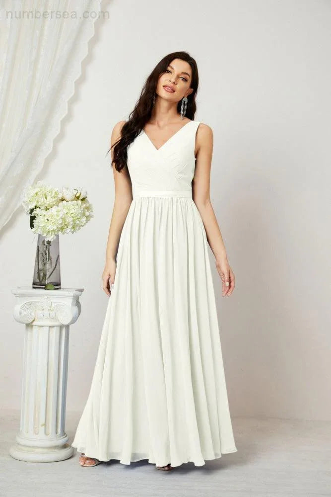 Abito da Sera Donna in Chiffon Lungo per Damigelle, Scollato, Senza Maniche, Linea A, per Feste Serali, Ballo di Fine Anno e Homecoming, Modello 2808