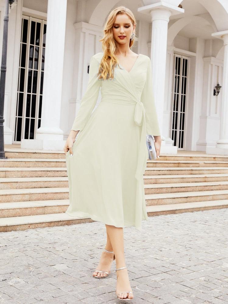 Vestido de madrinha com decote em V e cinto para mãe da noiva e convidada de casamento 28031 