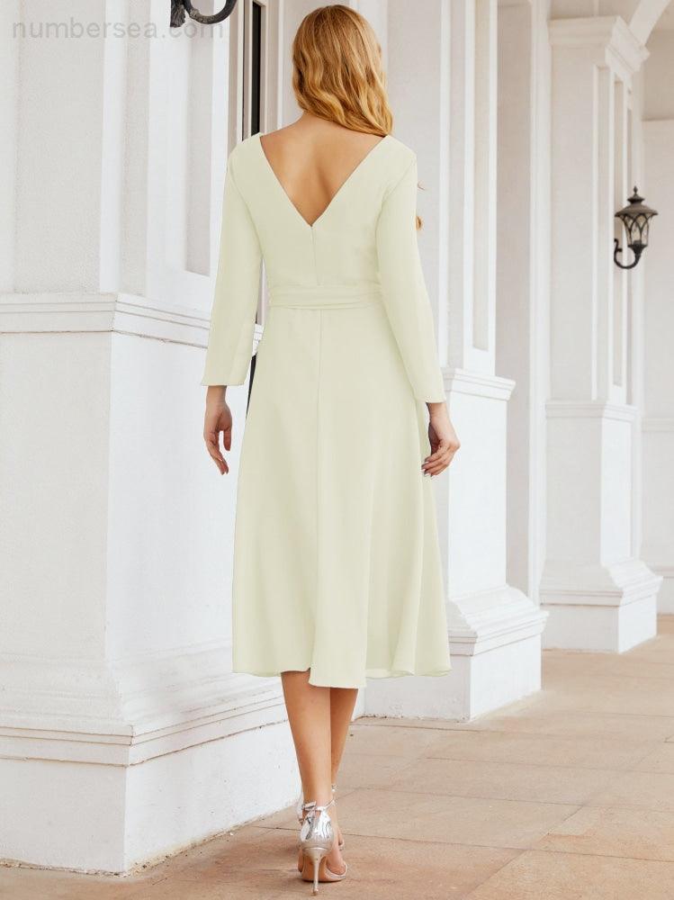 Vestido de madrinha com decote em V e cinto para mãe da noiva e convidada de casamento 28031 