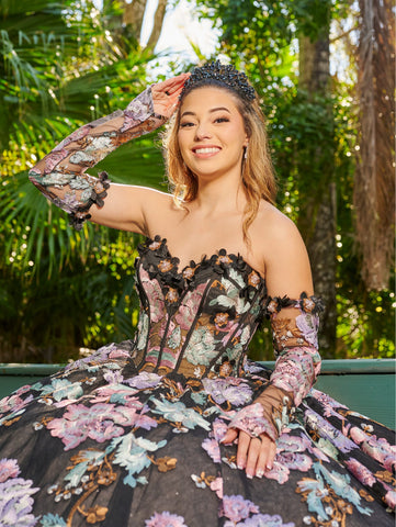 Vestido de baile sem alças com aplicações florais da LizLuo Quince 26092M