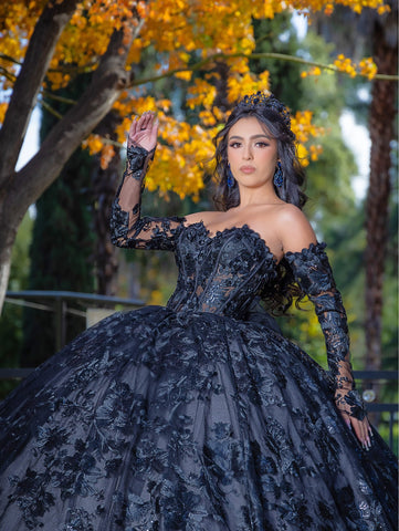 Vestido de baile com aplicações e mangas compridas da LizLuo Quince 26092