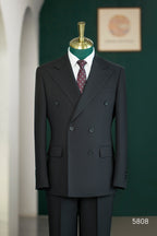 Black Wool Double-Breasted 3-Piece Wedding Suit | Tailored Groom & Groomsmen Attire