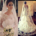 Lindo vestido de noiva de manga comprida, decote redondo, renda, sereia, folhos, organza, cauda comprida, WD0099