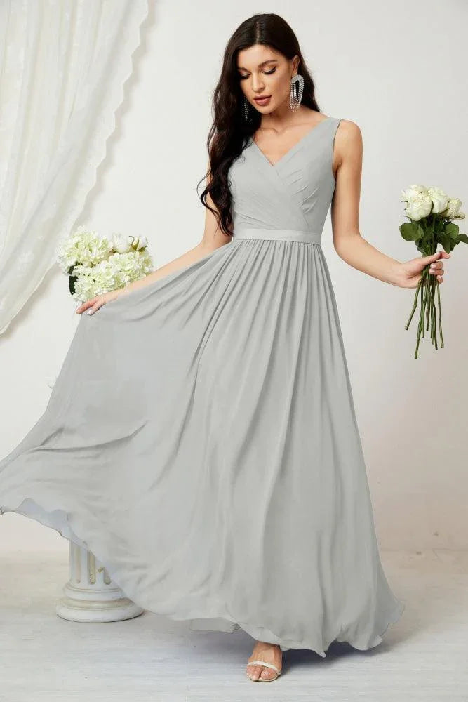 Vestido de dama de honor largo de gasa para mujer, línea A sin mangas, vestido formal de baile de graduación para fiesta nocturna, vestido de regreso a casa 2808