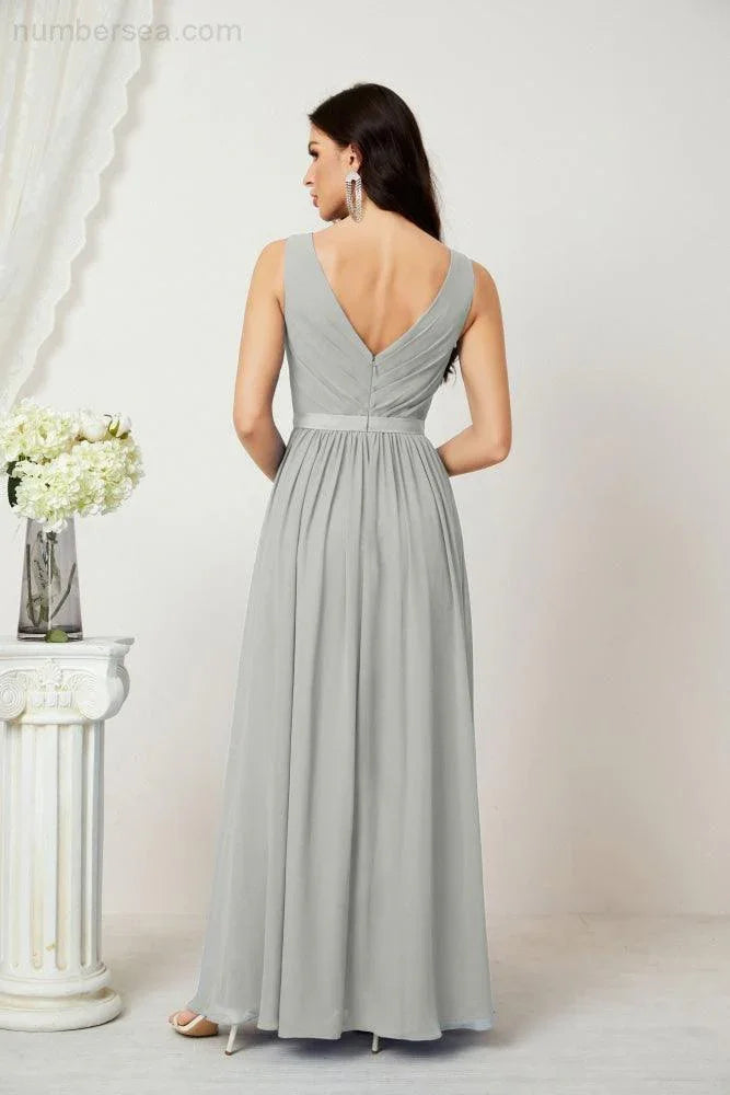 Abito da Sera Donna in Chiffon Lungo per Damigelle, Scollato, Senza Maniche, Linea A, per Feste Serali, Ballo di Fine Anno e Homecoming, Modello 2808