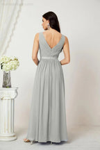 Abito da Sera Donna in Chiffon Lungo per Damigelle, Scollato, Senza Maniche, Linea A, per Feste Serali, Ballo di Fine Anno e Homecoming, Modello 2808