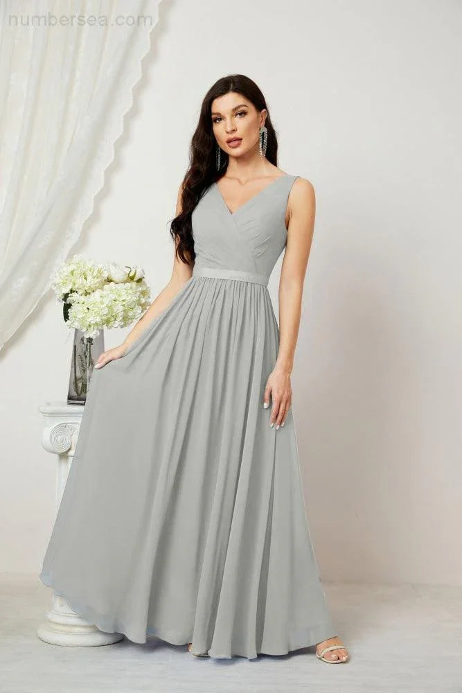 Abito da Sera Donna in Chiffon Lungo per Damigelle, Scollato, Senza Maniche, Linea A, per Feste Serali, Ballo di Fine Anno e Homecoming, Modello 2808