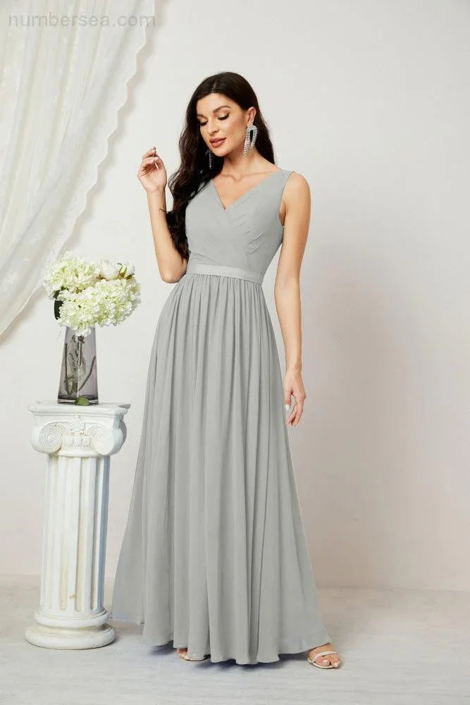 Abito da Sera Donna in Chiffon Lungo per Damigelle, Scollato, Senza Maniche, Linea A, per Feste Serali, Ballo di Fine Anno e Homecoming, Modello 2808