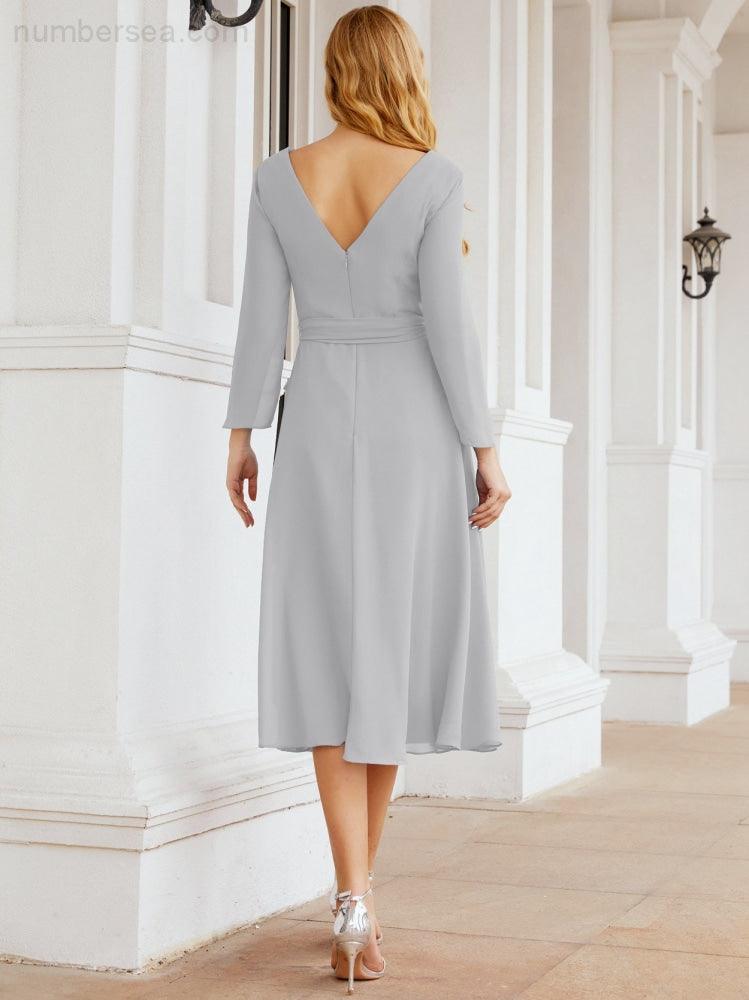 Vestido de madrinha com decote em V e cinto para mãe da noiva e convidada de casamento 28031 