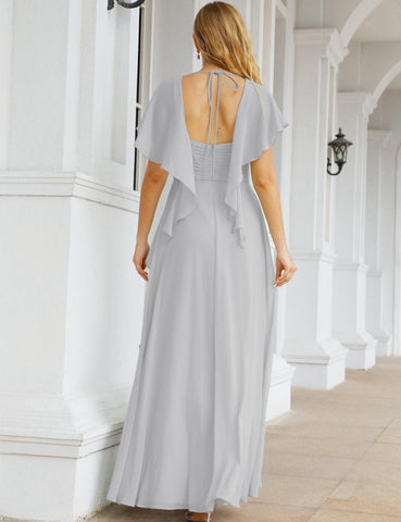 Numbersea Chiffon Bridesmaid Dresses Long Formal Evening Prom Mother of The Bride Dress with Flutter Sleeve     SEA28040