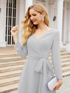 Vestido de madrinha com decote em V e cinto para mãe da noiva e convidada de casamento 28031 