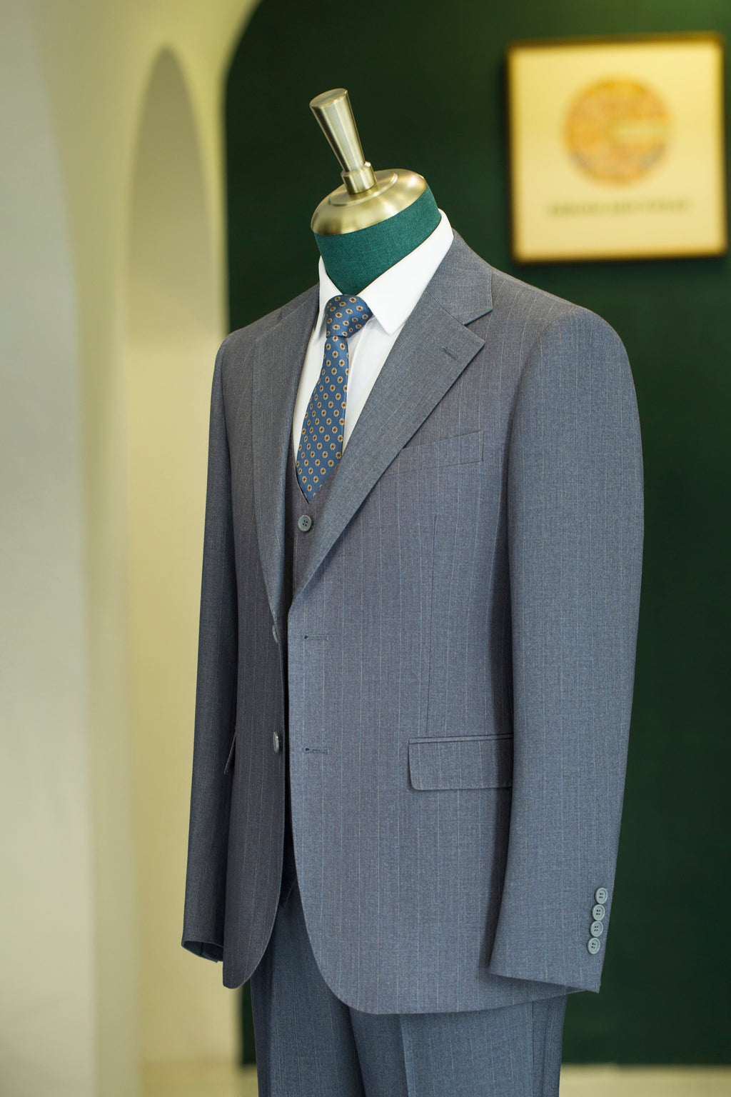 Three-Piece Subtle Pinstripe Grey Wool Suit | Tailored Formal Groom & Business Suit