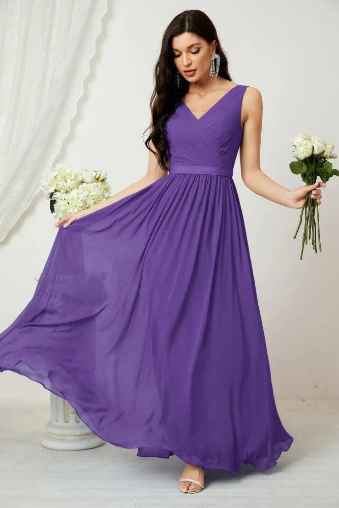 Vestido de dama de honor largo de gasa para mujer, línea A sin mangas, vestido formal de baile de graduación para fiesta nocturna, vestido de regreso a casa 2808