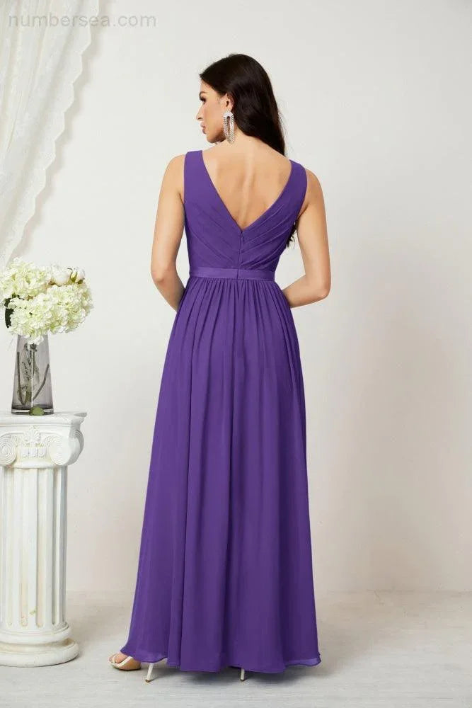 Abito da Sera Donna in Chiffon Lungo per Damigelle, Scollato, Senza Maniche, Linea A, per Feste Serali, Ballo di Fine Anno e Homecoming, Modello 2808