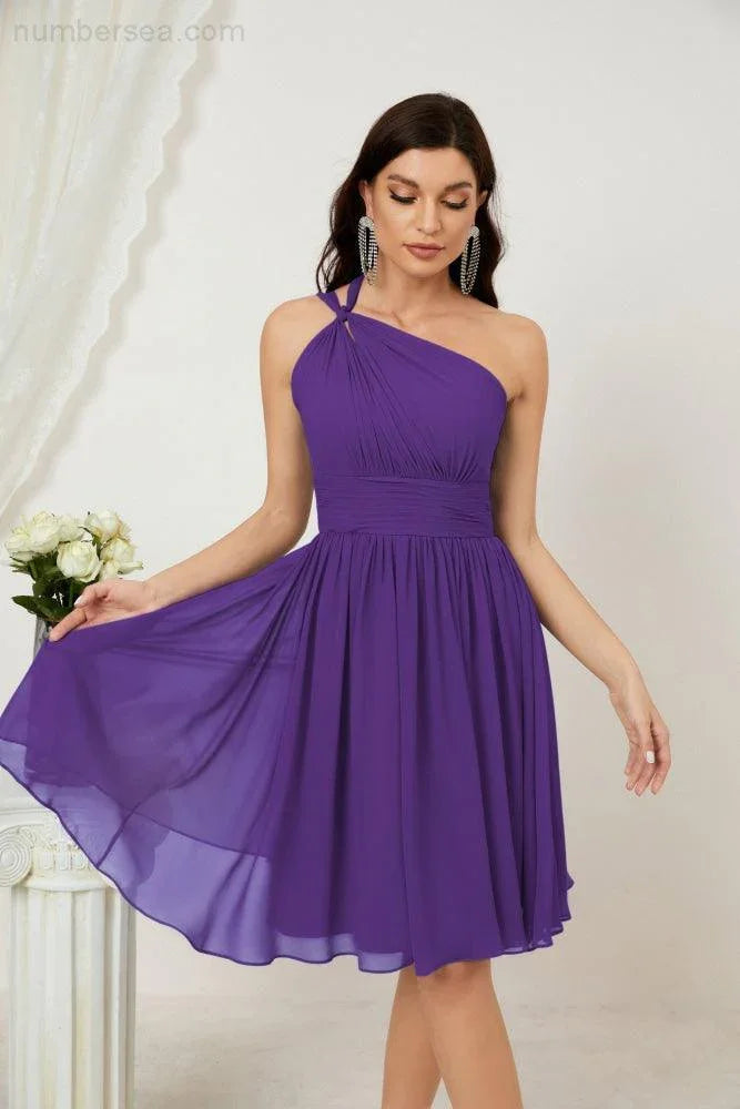 Vestido de dama de honor corto de chiffon de un hombro Numbersea para mujer Vestidos formales para fiesta y regreso a casa 2804