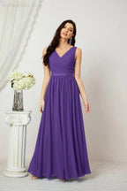 Abito da Sera Donna in Chiffon Lungo per Damigelle, Scollato, Senza Maniche, Linea A, per Feste Serali, Ballo di Fine Anno e Homecoming, Modello 2808