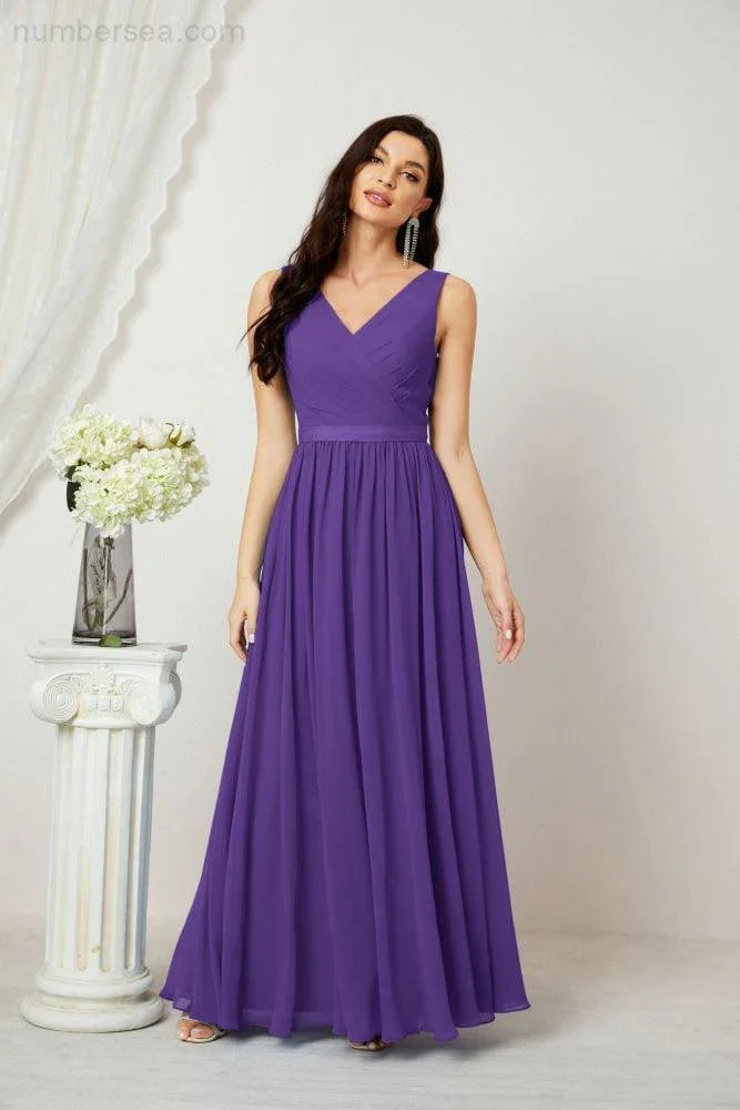 Abito da Sera Donna in Chiffon Lungo per Damigelle, Scollato, Senza Maniche, Linea A, per Feste Serali, Ballo di Fine Anno e Homecoming, Modello 2808